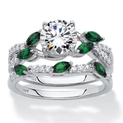 Palm Beach Jewelry 2.35 Cttw. Platinum-plated Silver Cubic Zirconia Created Emerald Bridal Ring Set In White