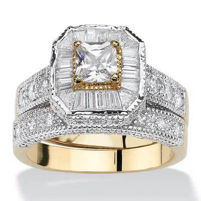 Palm Beach Jewelry 2.35 Tcw Cz Two-tone Vintage-style Gold-plated 2-piece Bridal Ring Set In White
