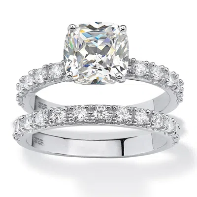Palm Beach Jewelry 2.45 Tcw Cushion-cut Cubic Zirconia Platinum-plated Silver Bridal Ring Set In White