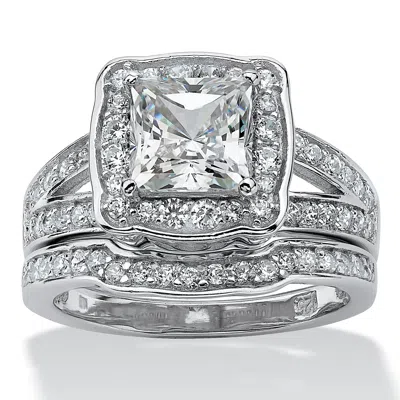 Palm Beach Jewelry 2.50 Tcw Cz Platinum-plated Sterling Silver 2-piece Halo Bridal Ring Set In White