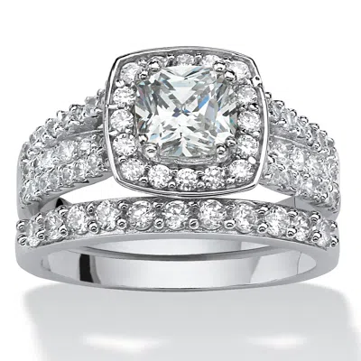 Palm Beach Jewelry 2.62 Tcw Cz 2-piece Halo Bridal Ring Set In Platinum-plated Sterling Silver In White