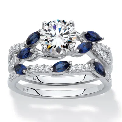 Palm Beach Jewelry 2.63 Tcw Platinum-plated Sterling Cz And Lab-created Sapphire Wedding Ring Set In White