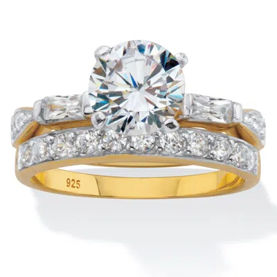 Palm Beach Jewelry 2.66 Cttw. Round And Baguette Cut Cz Gold-plated Sterling Silver Bridal Ring Set In White