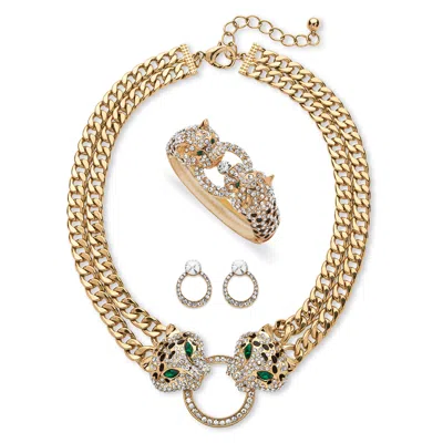 Palm Beach Jewelry 2.72 Cttw. Pave Crystal And Simulated Emerald Goldtone Leopard 3-piece Set In Green
