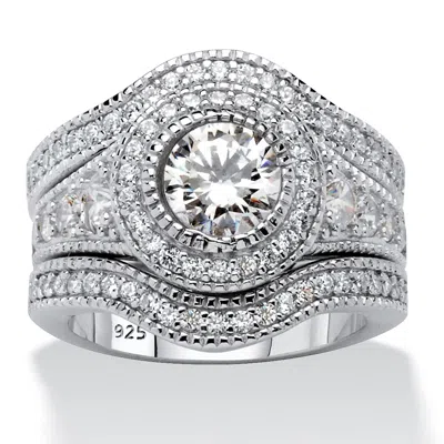 Palm Beach Jewelry 2.73 Tcw Round Cz Platinum-plated Silver 3-piece Vintage-inspired Bridal Set In White