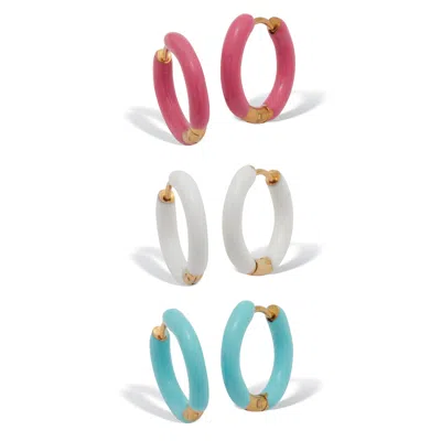 Palm Beach Jewelry 3-pair Stainless Steel Enamel Color Fun Huggie Hoop Earrings In Yellow