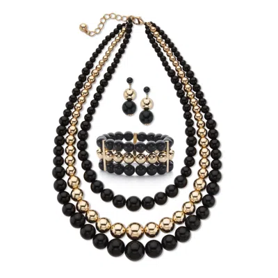 Palm Beach Jewelry 3 Pc Black & Goldtone Graduated Beaded Necklace, Earring & Stretch Bracelet Set