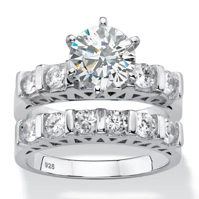 Palm Beach Jewelry 3 Tcw Cubic Zirconia Platinum-plated Silver 2-piece Bridal Wedding Ring Set In White