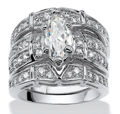 Palm Beach Jewelry 3.05 Tcw Marquise-cut Cubic Zirconia Silvertone Wedding Band Set In White
