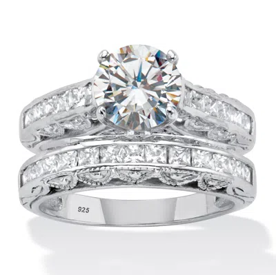 Palm Beach Jewelry 3.08 Ctw. Round-cut Cubic Zirconia Platinum Over Silver 2 Piece Bridal Ring Set