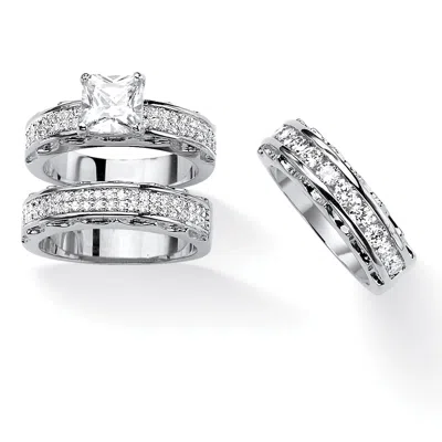 Palm Beach Jewelry 3.10 Cttw. Silvertone Princess-cut Cubic Zirconia 3-piece Wedding Ring Set In White