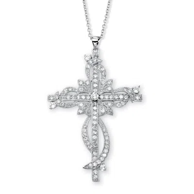 Palm Beach Jewelry 3.12 Tcw Round Cubic Zirconia Cross Pendant Necklace In Silvertone 18" In White
