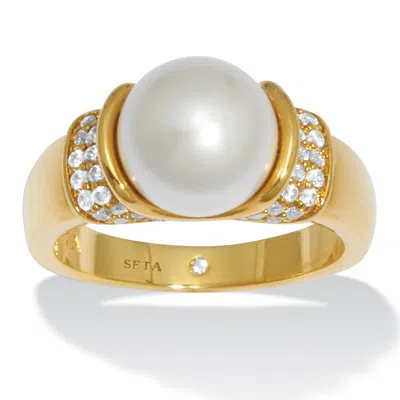 Palm Beach Jewelry .32 Tcw Cz And Round Simulated Pearl Yellow Gold-plated Ring