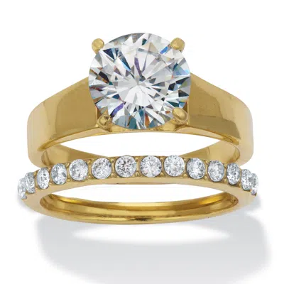 Palm Beach Jewelry 3.42 Tcw Round Cubic Zirconia Gold Ion-plated Stainless Steel Bridal Ring Set In White