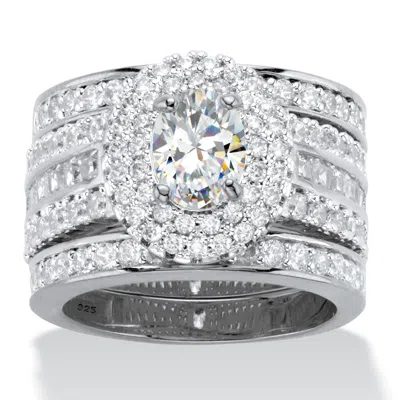 Palm Beach Jewelry 3.55 Cttw. Oval Cz Platinum-plated Silver 3-piece Double Halo Wedding Ring Set In White