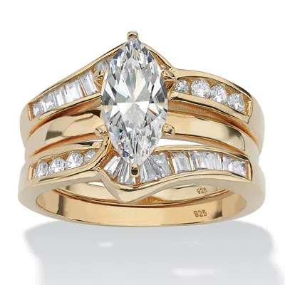 Palm Beach Jewelry 3.57 Tcw Marquise-cut Cz Gold-plated .925 Silver 2 Piece Jacket Bridal Ring Set In White