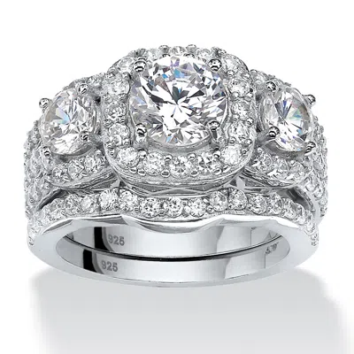Palm Beach Jewelry 3.74 Tcw Cubic Zirconia Platinum-plated Silver 2-piece Halo Bridal Ring Set In White