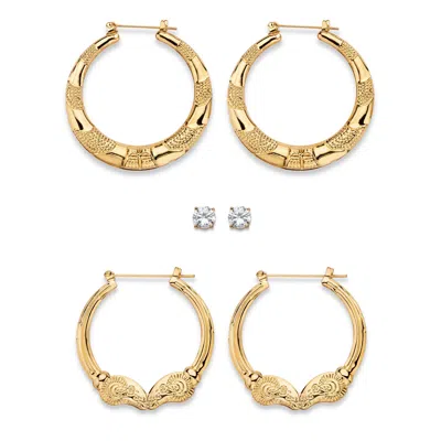 Palm Beach Jewelry 4 Cttw Cubic Zirconia Goldtone 3-pair Set Of Stud And Textured Hoop Earrings 2" In Yellow