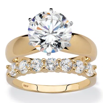Palm Beach Jewelry 4.20 Cttw. 2-piece Round Cubic Zirconia Solid 10k Yellow Gold Wedding Ring Set In White