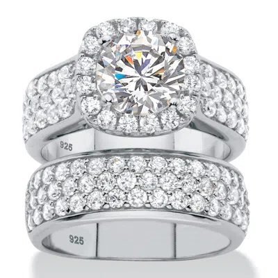Palm Beach Jewelry 4.43 Tcw Cubic Zirconia Platinum-plated Silver 2-piece Halo Bridal Ring Set In White