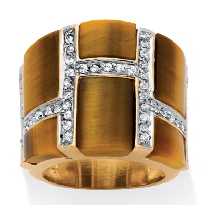 Palm Beach Jewelry .46 Tcw Emerald-cut Tiger's Eye Cubic Zirconia Accent Gold-plated Ring In Brown
