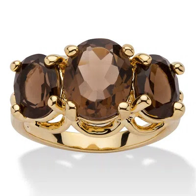 Palm Beach Jewelry 4.90 Tcw Oval-cut Genuine Smoky Quartz Yellow Gold-plated 3-stone Ring In Brown