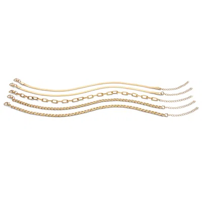 Palm Beach Jewelry 5 Piece Herringbone, Curb & Cable Link Ankle Bracelet Set Goldtone 9" Length