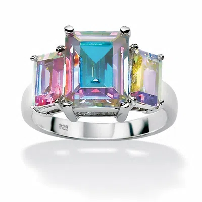 Palm Beach Jewelry 5.60 Cttw. Emerald-cut Aurora Borealis Cubic Zirconia Sterling Silver Ring In Multi