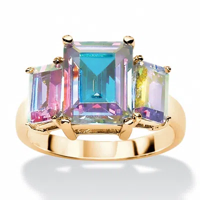 Palm Beach Jewelry 5.60 Tcw Emerald-cut Aurora Borealis Gold-plated 3-stone Classic Ring In Multi