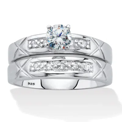 Palm Beach Jewelry .57 Cttw. Round Cubic Zirconia Platinum Over Silver 2 Piece Bridal Ring Set In White