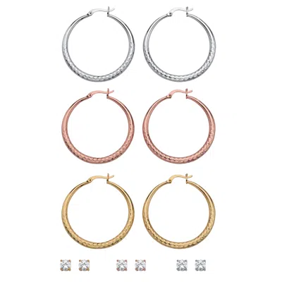 Palm Beach Jewelry 5.88 Cttw. Tri-tone Cubic Zirconia 6-pair Set Of Stud And Hoop Earrings 2" In Yellow