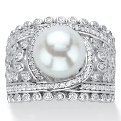Palm Beach Jewelry .65 Cttw. Platinum-plated Sterling Silver Simulated Pearl And Cz Floral Ring In White