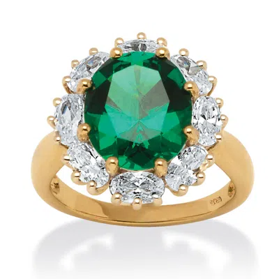 Palm Beach Jewelry 7.08 Tcw Created Emerald & Cz Halo Ring In Gold-plated Sterling Silver In Green