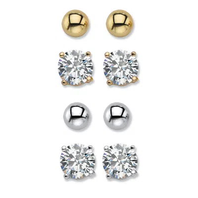 Palm Beach Jewelry 8 Cttw. Round White Cz & Ball Goldtone & Silvertone 4-pair Stud Earring Set