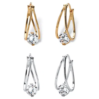 Palm Beach Jewelry 8 Tcw Cubic Zirconia Hoop 2-pair Earrings Set In Silvertone And Gold-plated In White