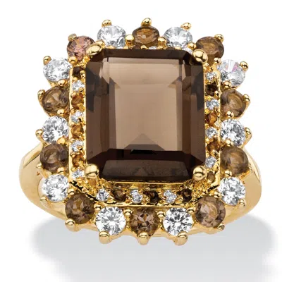 Palm Beach Jewelry 9.80 Tcw Emerald-cut Genuine Smoky Topaz And Cz Gold-plated Cocktail Ring In Brown