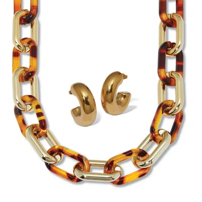 Palm Beach Jewelry Acrylic Link Tortoise Shell And Gold Ion-plated Stainless Steel Jewelry Set In Yellow