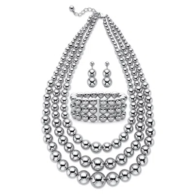 Palm Beach Jewelry Beaded Silvertone Triple-strand Necklace, Earring And Bracelet Set 16.5" - 19.5" In White