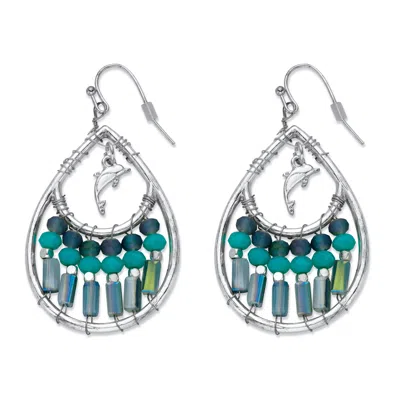 Palm Beach Jewelry Beaded Simulated Turquoise Crystal Silvertone Dolphin Charm Earrings 1 5/8" In Blue