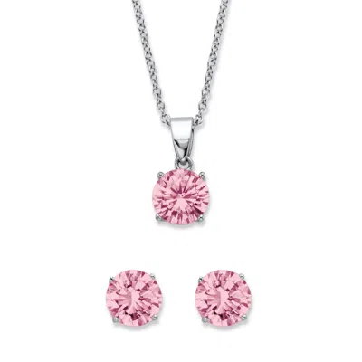 Palm Beach Jewelry Birthstone Solitaire Pendant And Stud Earring Set In Silvertone In Pink