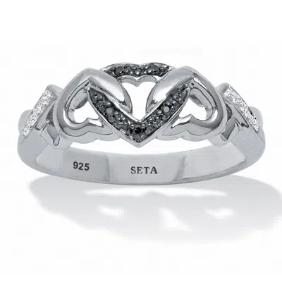 Palm Beach Jewelry Black And White Diamond Accent Interlocking Hearts Promise Ring In Platinum-plated Sterling Silver