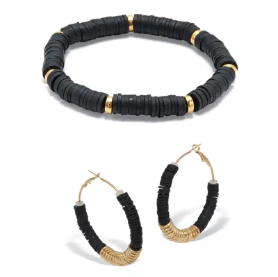 Palm Beach Jewelry Black Disc Beaded Goldtone Hoop Earrings And Stackable Stretch Bracelet Set In Yellow