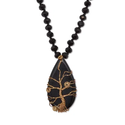 Palm Beach Jewelry Black Glass Beaded Goldtone Tree Pendant Necklace 34-inch