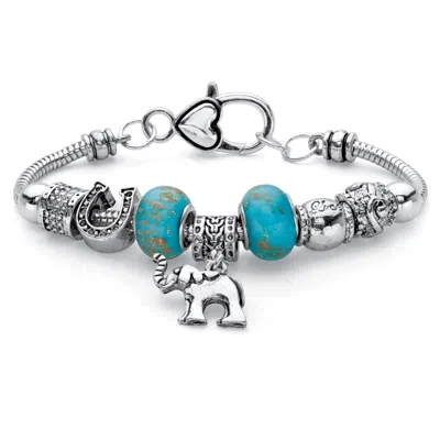 Palm Beach Jewelry Blue Beaded Bali-style Elephant Charm Antiqued Silvertone Bracelet 7.5" In White