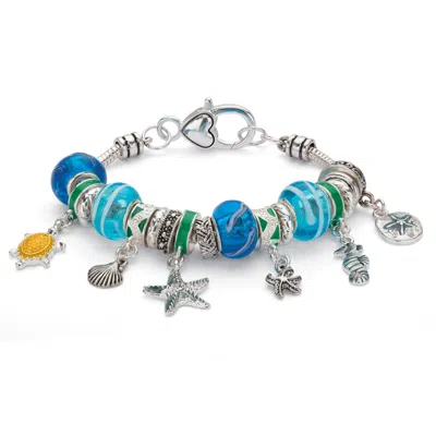 Palm Beach Jewelry Blue Crystal Silver Tone Antiqued Bali Style Beaded Coastal Charm Bracelet 7" In White