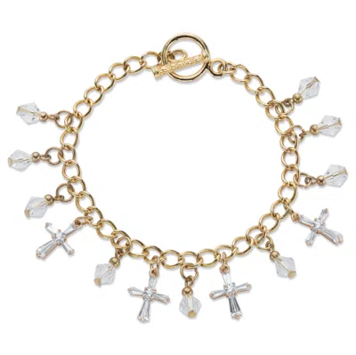 Palm Beach Jewelry Cross-shaped And Round Crystal Goldtone Charm Toggle Bracelet 7.5" In White