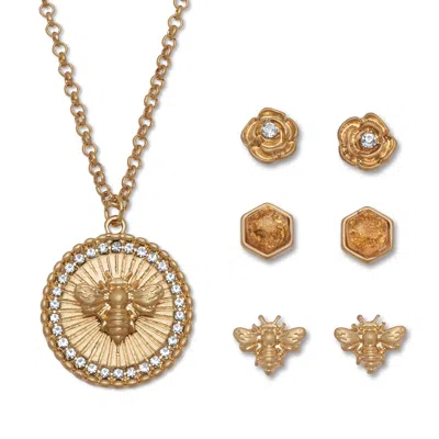 Palm Beach Jewelry Crystal 14k Yellow Gold-plated Pendant Necklace And Earrings Set, 16 Inch Chain In White