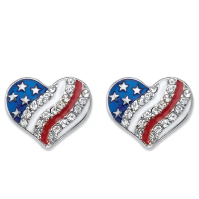 Palm Beach Jewelry Crystal And Enamel Stainless Steel American Flag Patriotic Heart-shaped Earrings In White