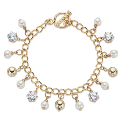 Palm Beach Jewelry Crystal And Genuine Cultured Freshwater Pearl Goldtone Beaded Bracelet 7.5" In White