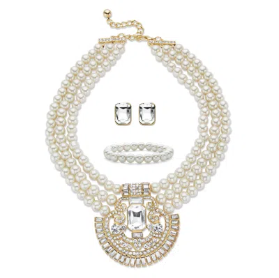 Palm Beach Jewelry Crystal And Sim. Pearl Goldtone Necklace Earring And Bracelet Set 17"-19" 8mm